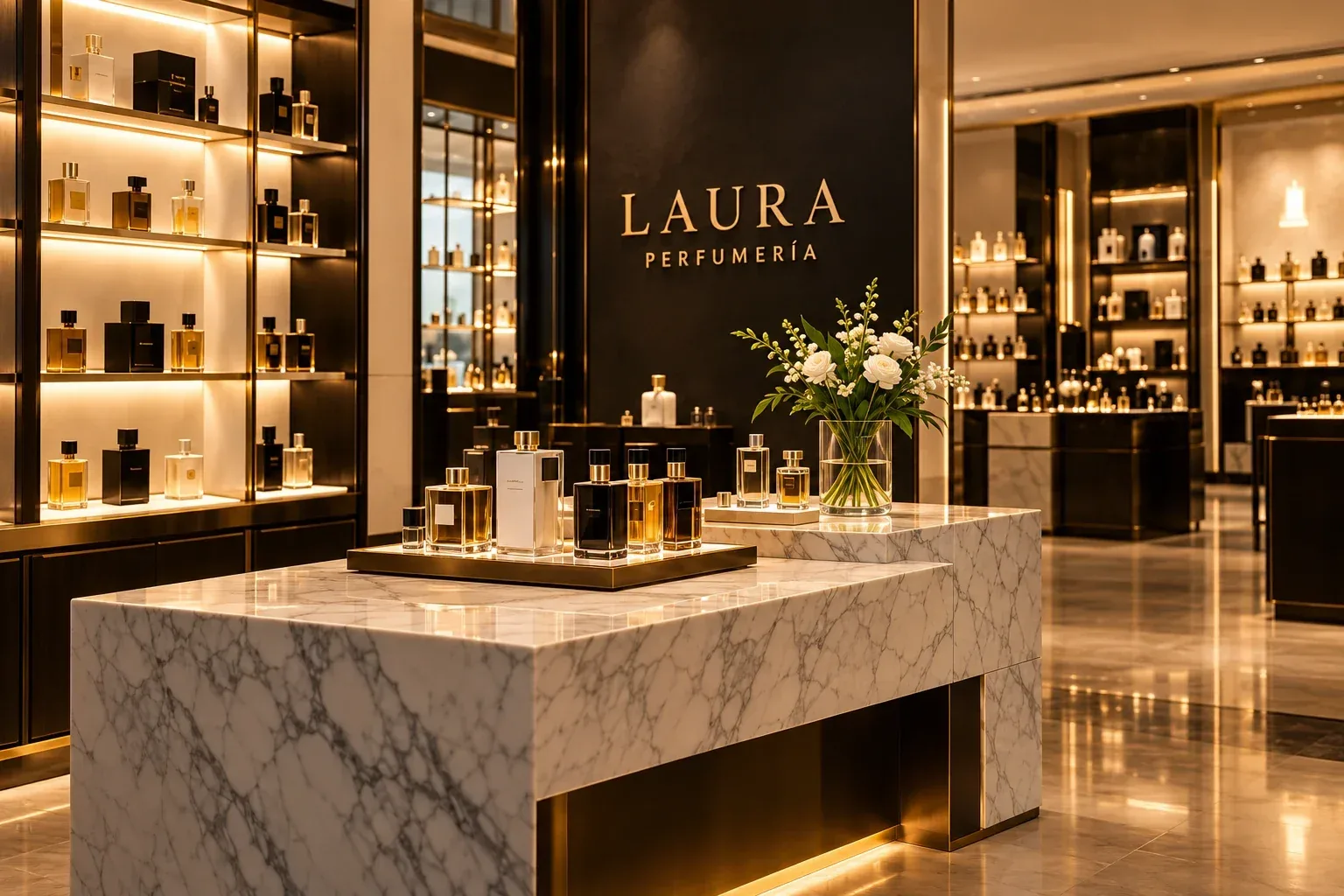 Interior conceptual con el rótulo Laura Perfumería, inspirado en la primera propuesta